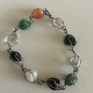 Vintage Sterling Silver Wire & Genuine Multi-Colored Natural Gemstones Bracelet